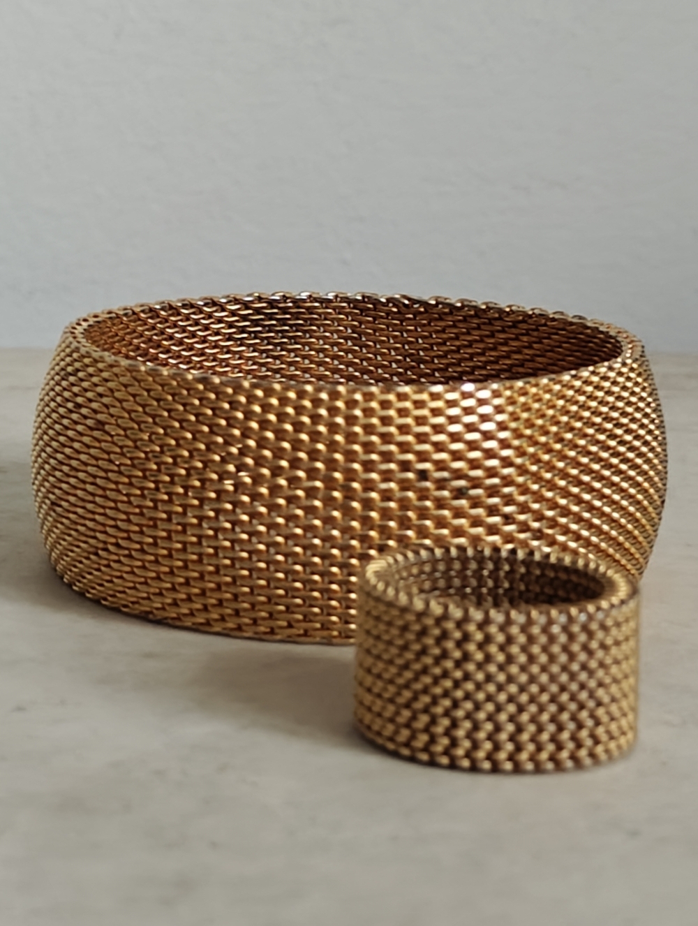 Vintage Gold Tone Woven Mesh Bangle Bracelet and Wide Ring Jewelry Set